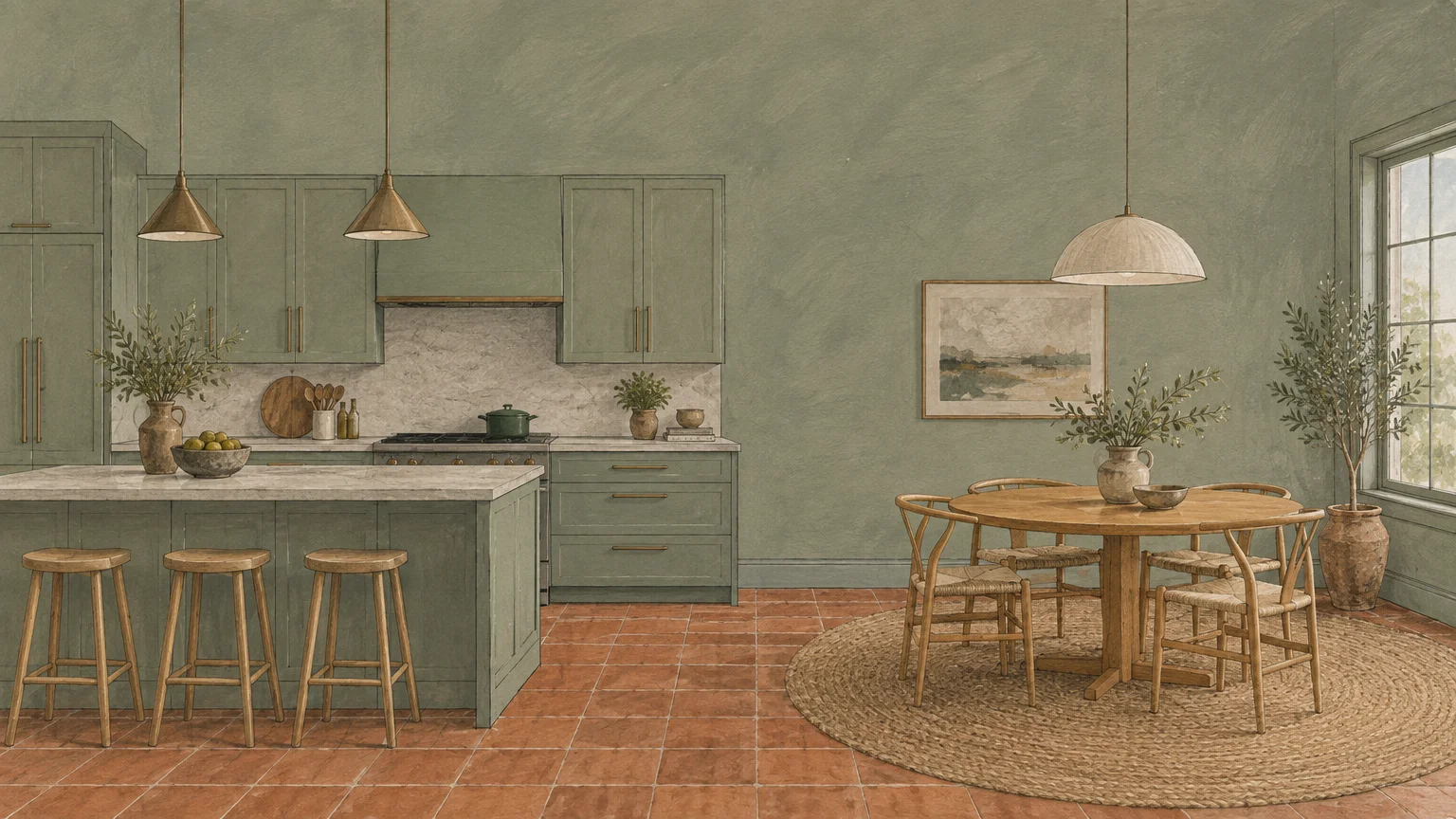 Illustration of an open kitchen and dining area with sage green walls and cabinets, wooden furniture, and terracotta floor tile.