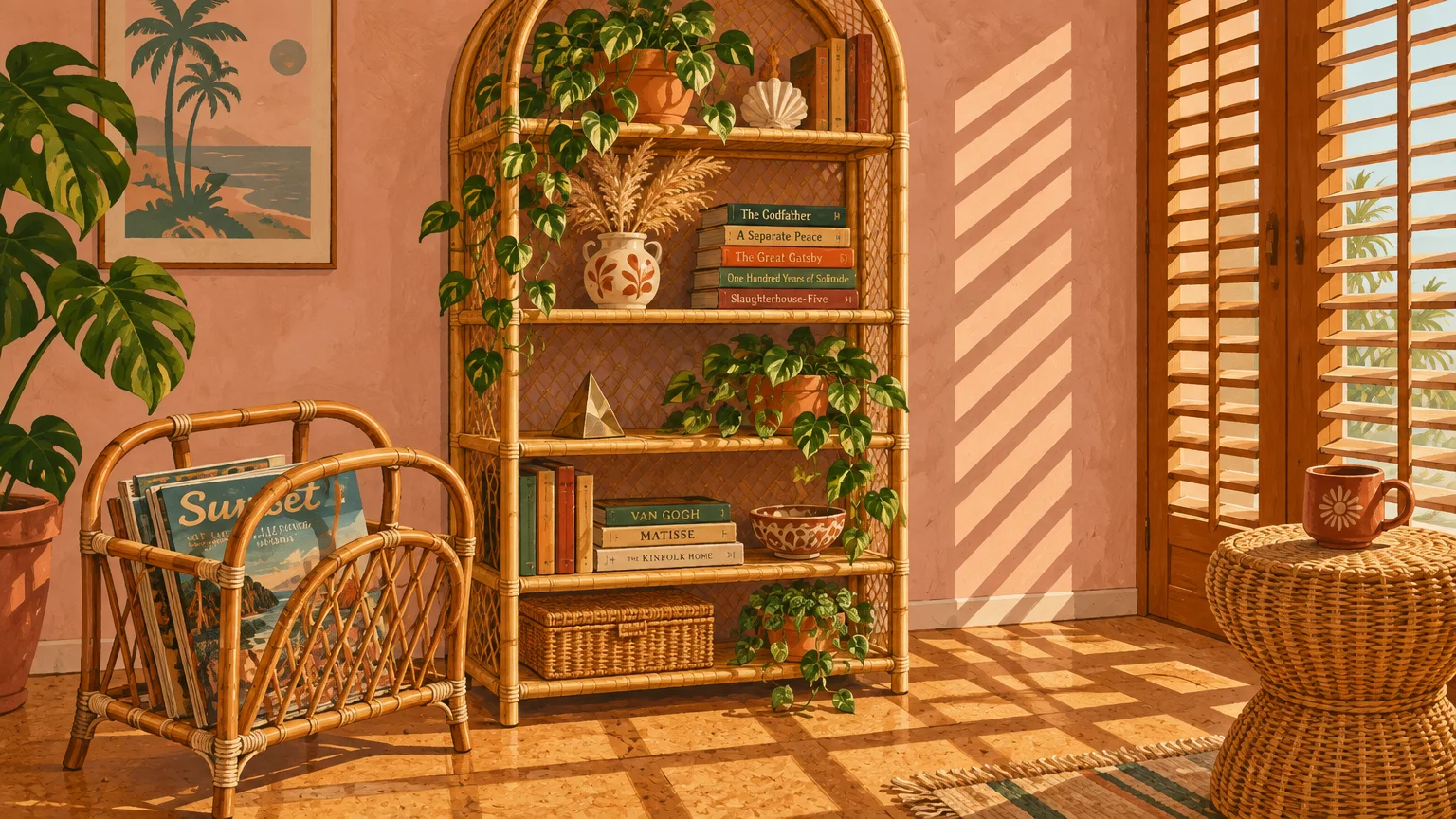 Gouache painting of an arched rattan etagere with books and potted plants, beside a wicker magazine rack and stool.