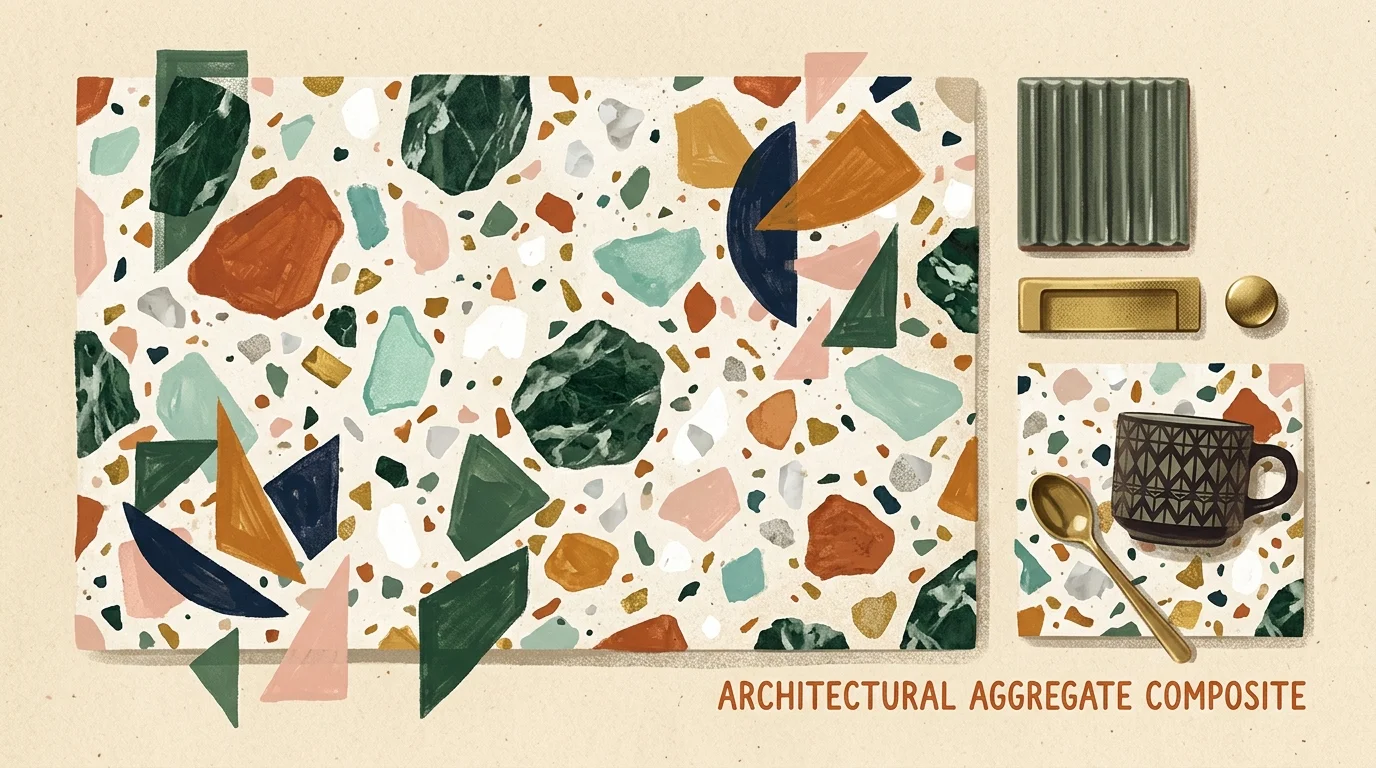 Illustration of colorful terrazzo aggregate slabs alongside cabinet hardware, a fluted tile, and a coffee cup on a coaster.