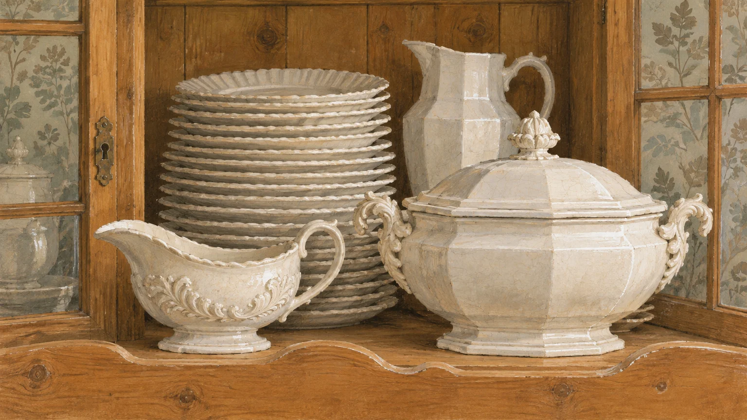 Gouache painting of white ironstone tableware, including plates, a tureen, pitcher, and gravy boat on a wooden shelf.