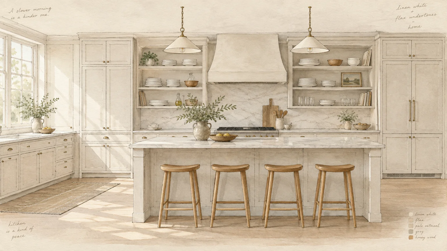 Watercolor illustration of a sunlit kitchen with soft linen cabinetry, marble island, and four wooden barstools.