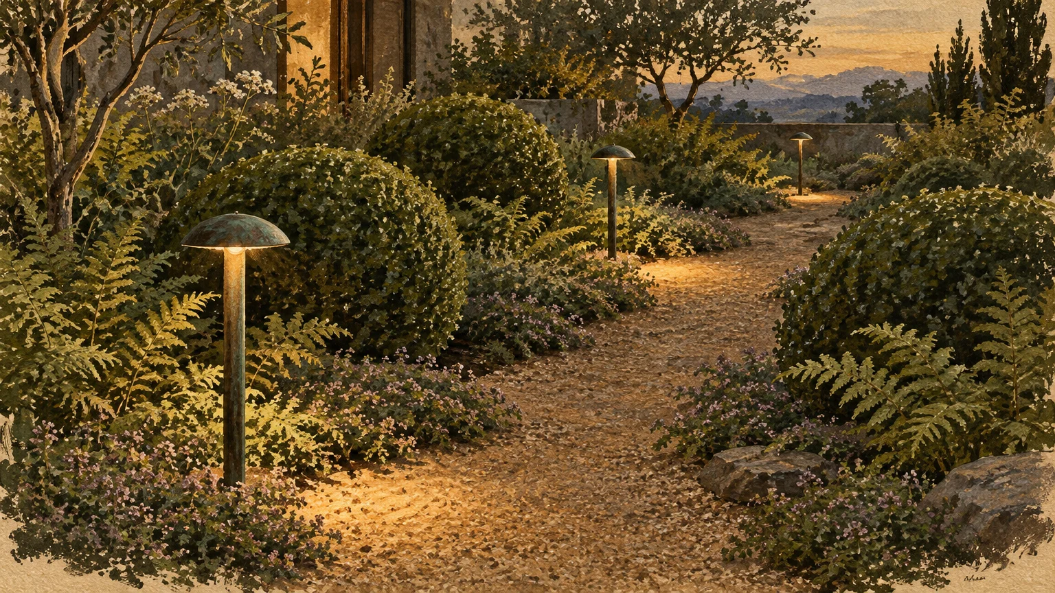 Illustration of domed pathway lights casting warm downward glow along a winding gravel garden path flanked by shrubs.