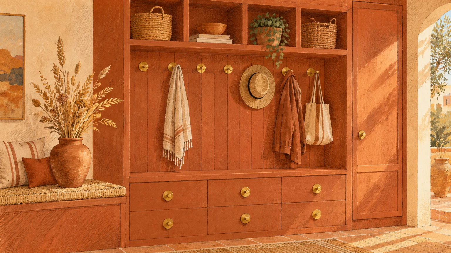 Illustration of a terracotta mudroom unit with brass hooks and drawer pulls, sunlit tile floors, and woven baskets.
