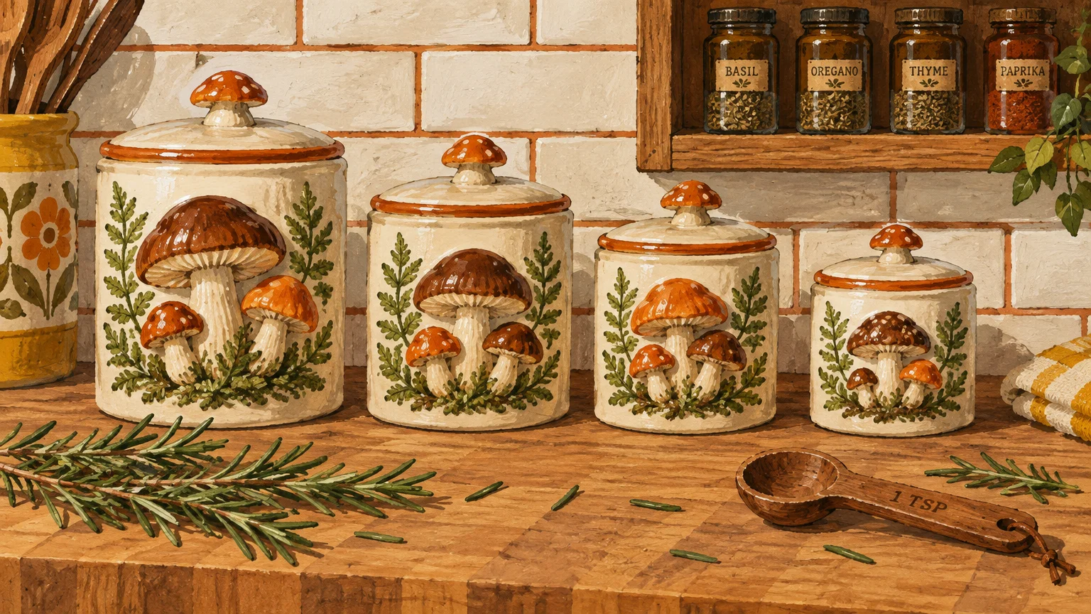 Gouache illustration of four ceramic mushroom canisters on a wooden counter beside spice jars and herbs.