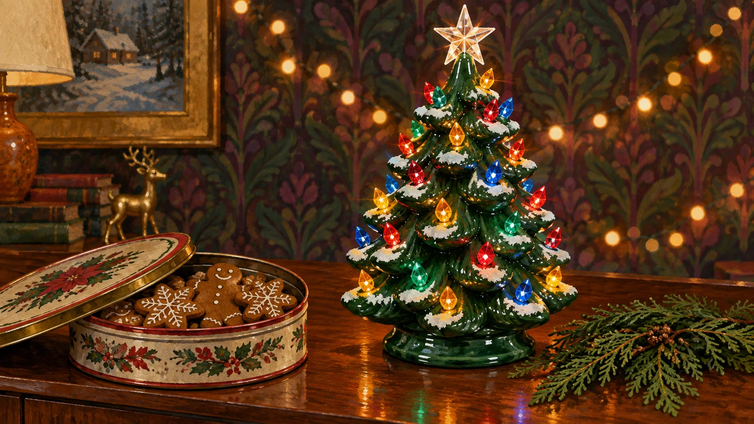 Gouache illustration of a lighted vintage ceramic Christmas tree beside a holiday cookie tin on a wooden surface.