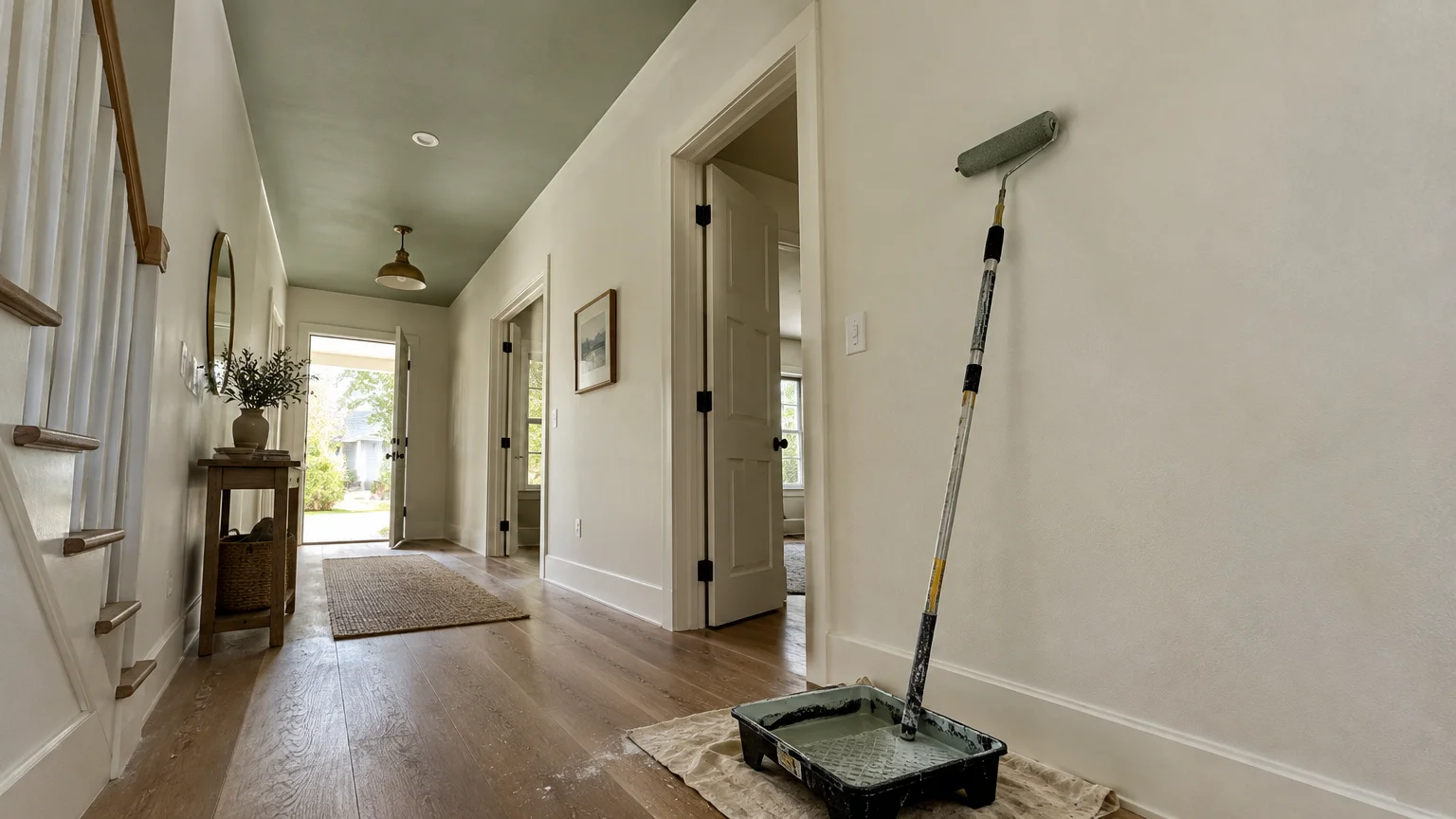 Hallway with white walls, a sage green painted ceiling, and a paint roller resting in a tray on the floor.