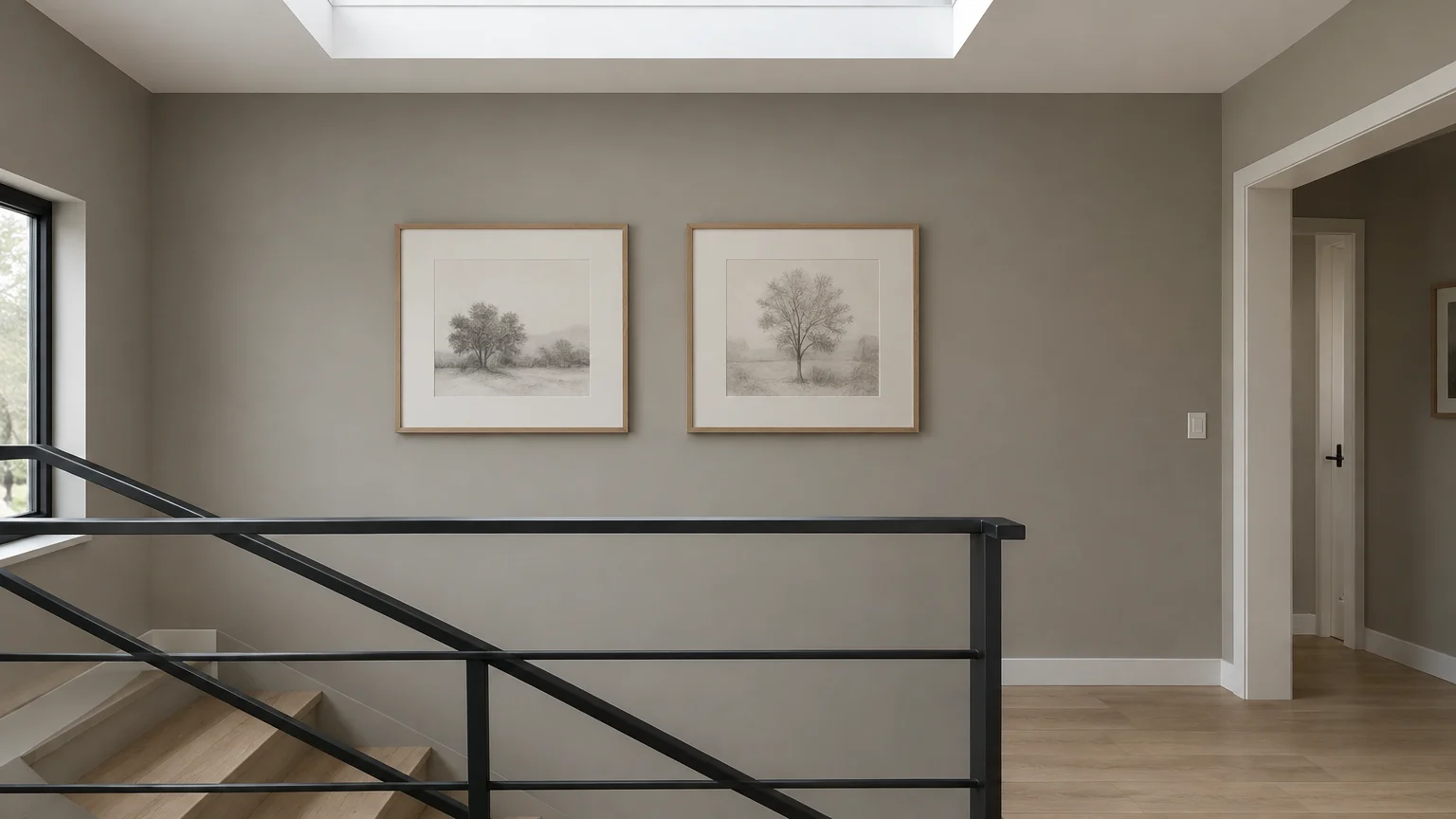 Modern hallway with pewter walls, light wood floors, a black metal staircase railing, and two framed tree sketches.