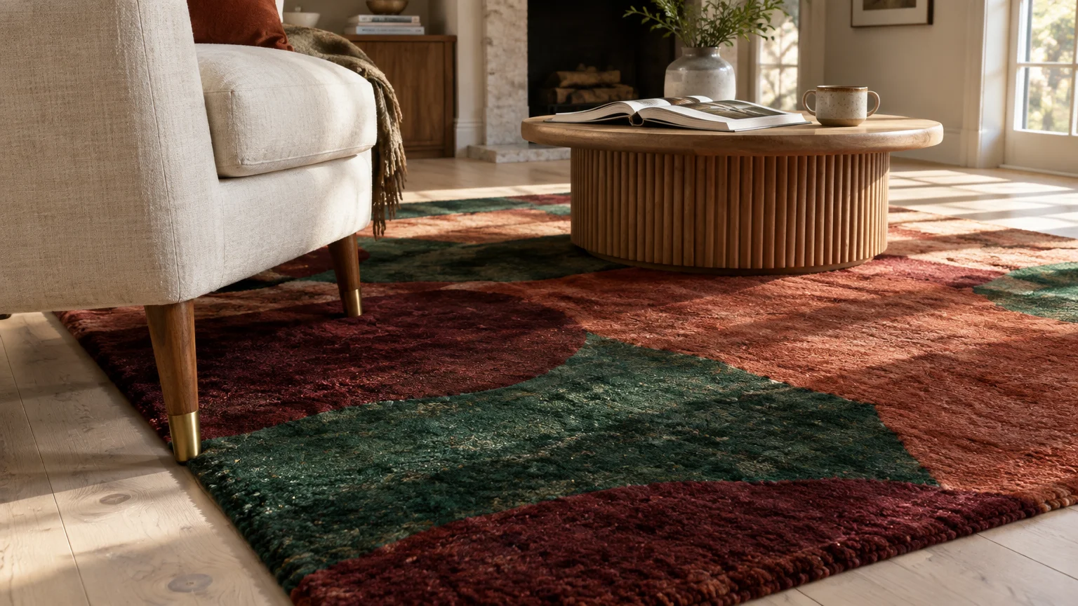 Geometric wool rug in emerald green, burgundy, and terracotta beneath an armchair and fluted wooden coffee table.