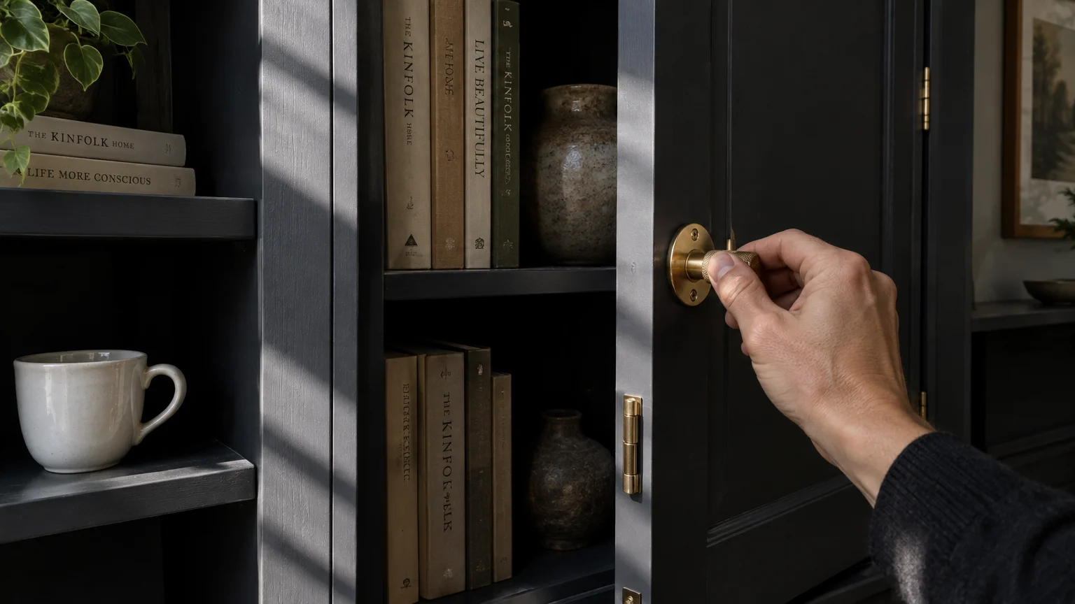 A hand opens a dark charcoal cabinet door fitted with a brass knob and hinges, revealing books and pottery inside.