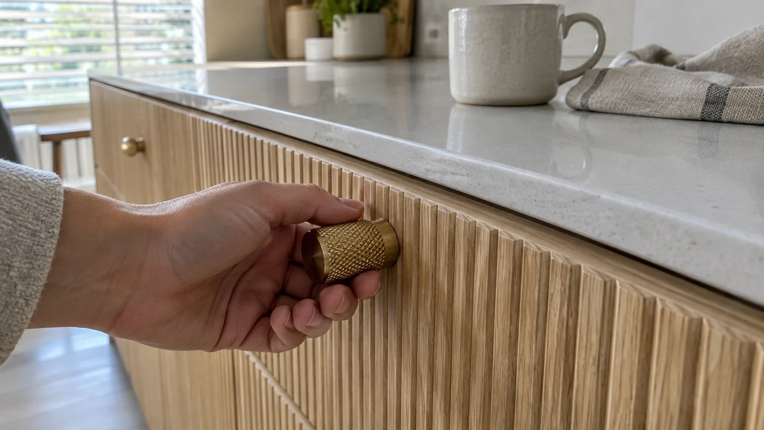 Hand grasping a brass knurled knob on a fluted light wood kitchen cabinet below a white countertop.