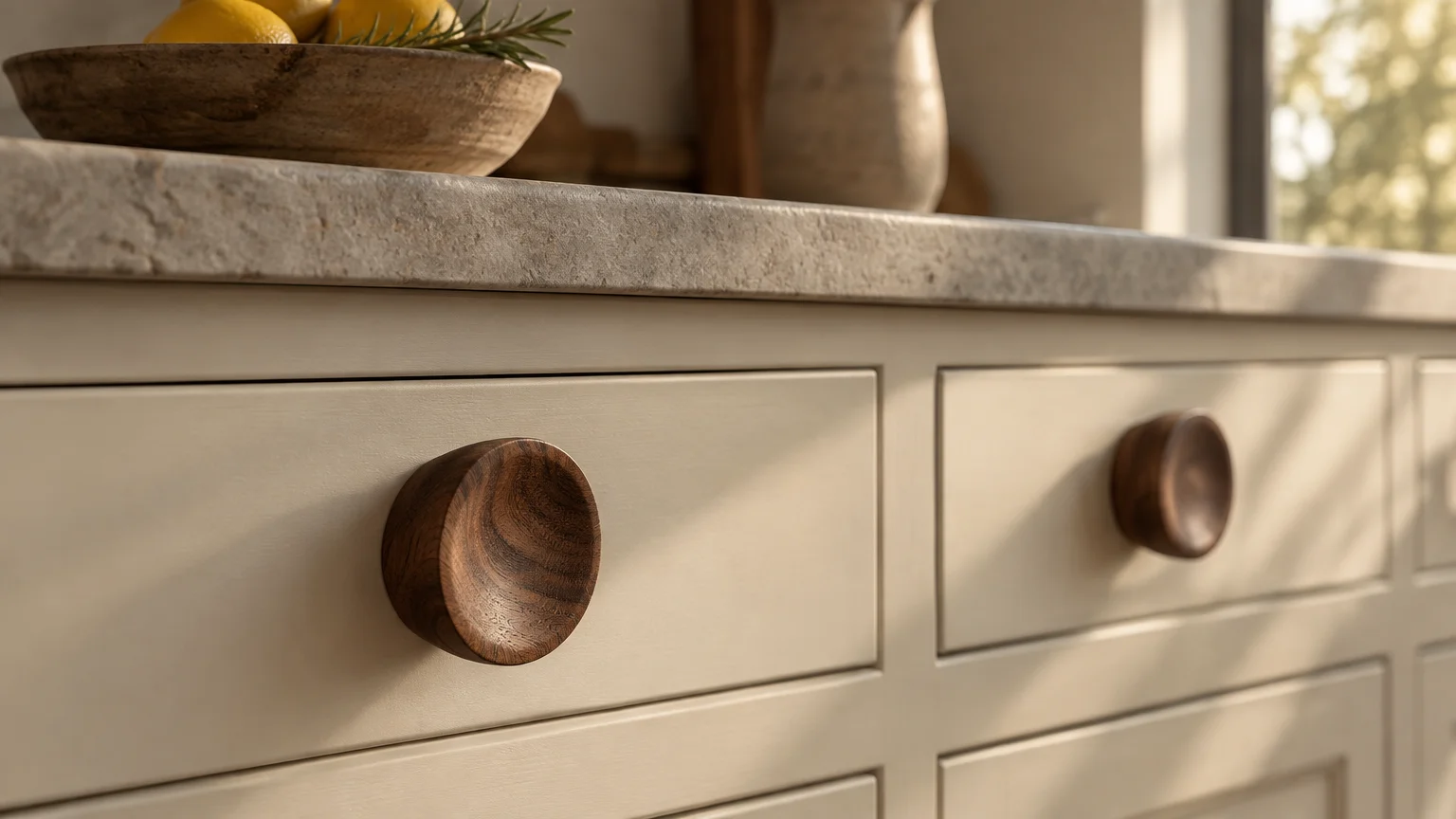 Round, concave wooden knobs mounted on cream kitchen drawers beneath a stone countertop.