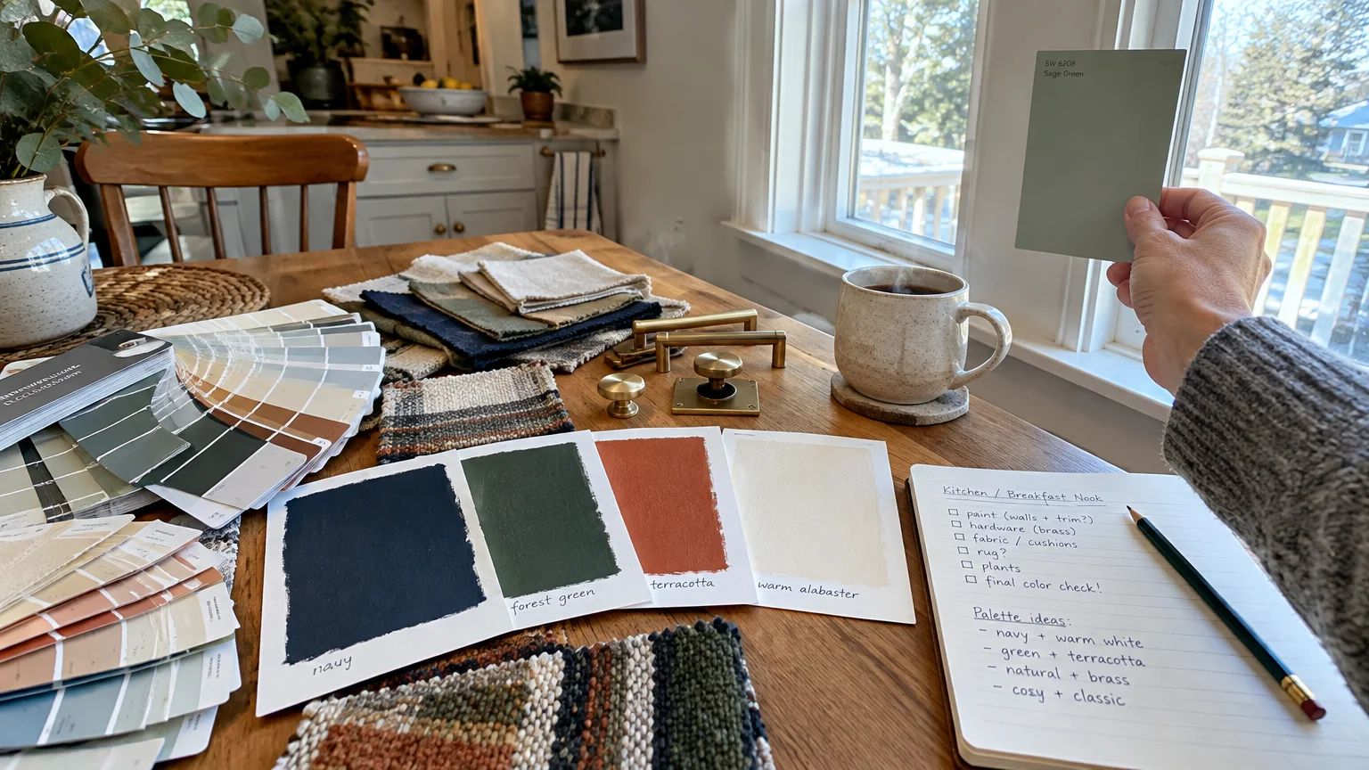 Paint swatches, fabric samples, brass hardware, and a notebook on a wooden table beside a window with a hand holding a swatch.