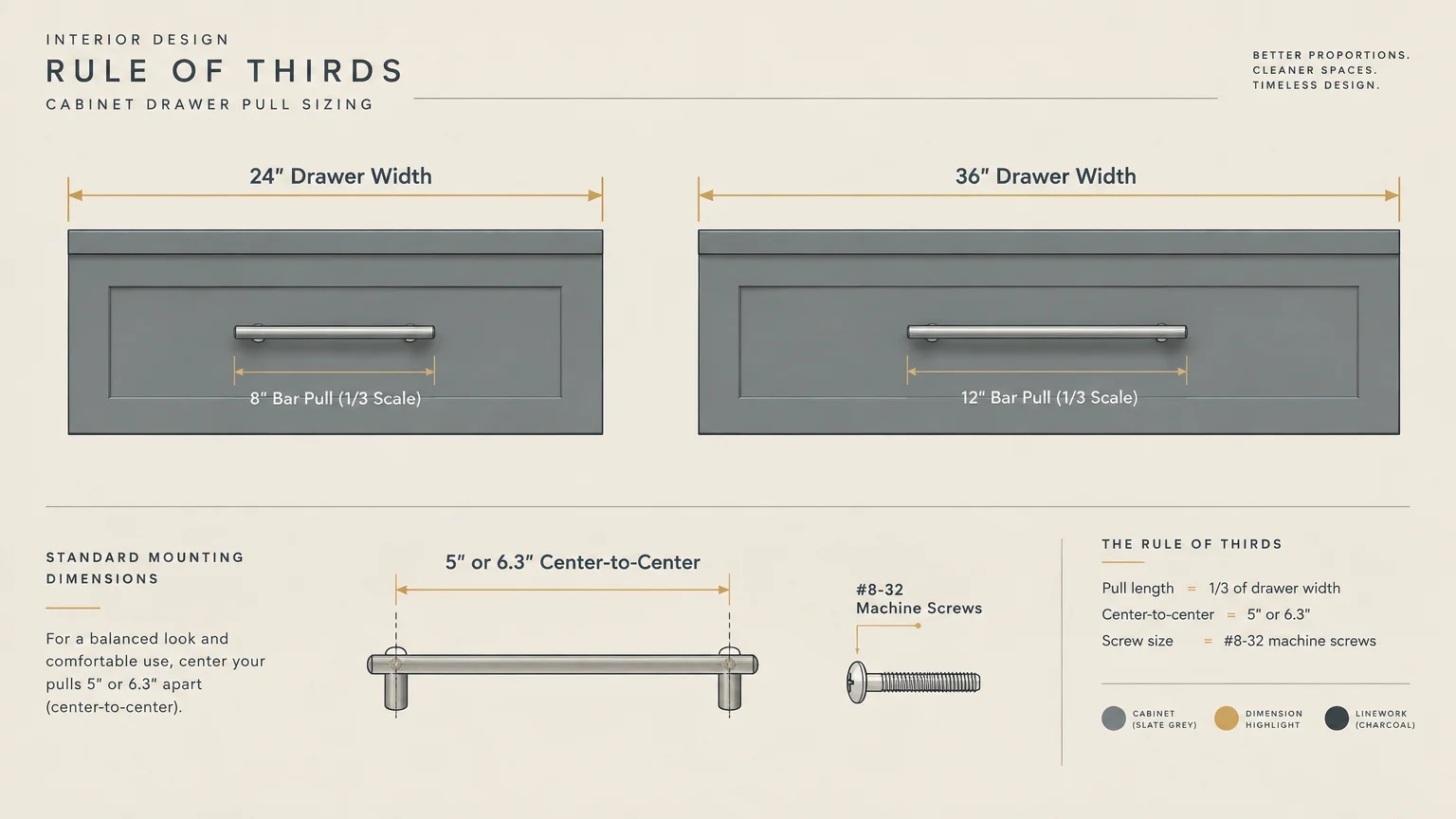 Diagram illustrating the rule of thirds for cabinet drawer pull sizing on 24-inch and 36-inch grey drawers.
