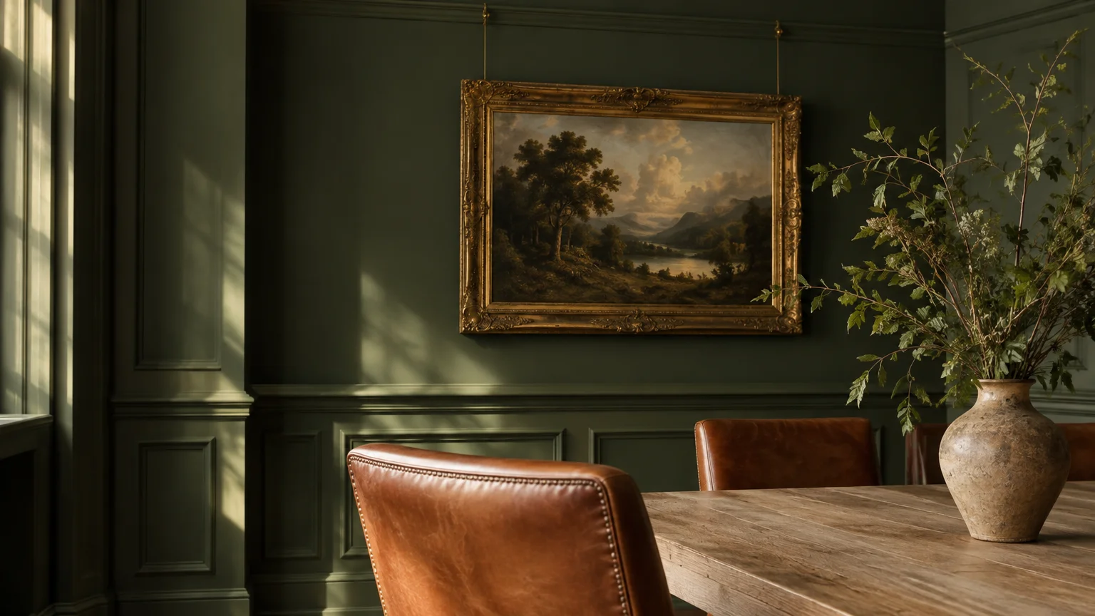 Dark green dining room with wainscoting, an oil painting in a gilded frame, leather chairs, and a rustic wood table.