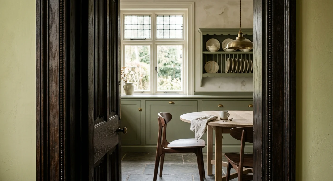 View through a dark wood doorway into a sage green dining kitchen with a round wood table and plate rack on the wall.