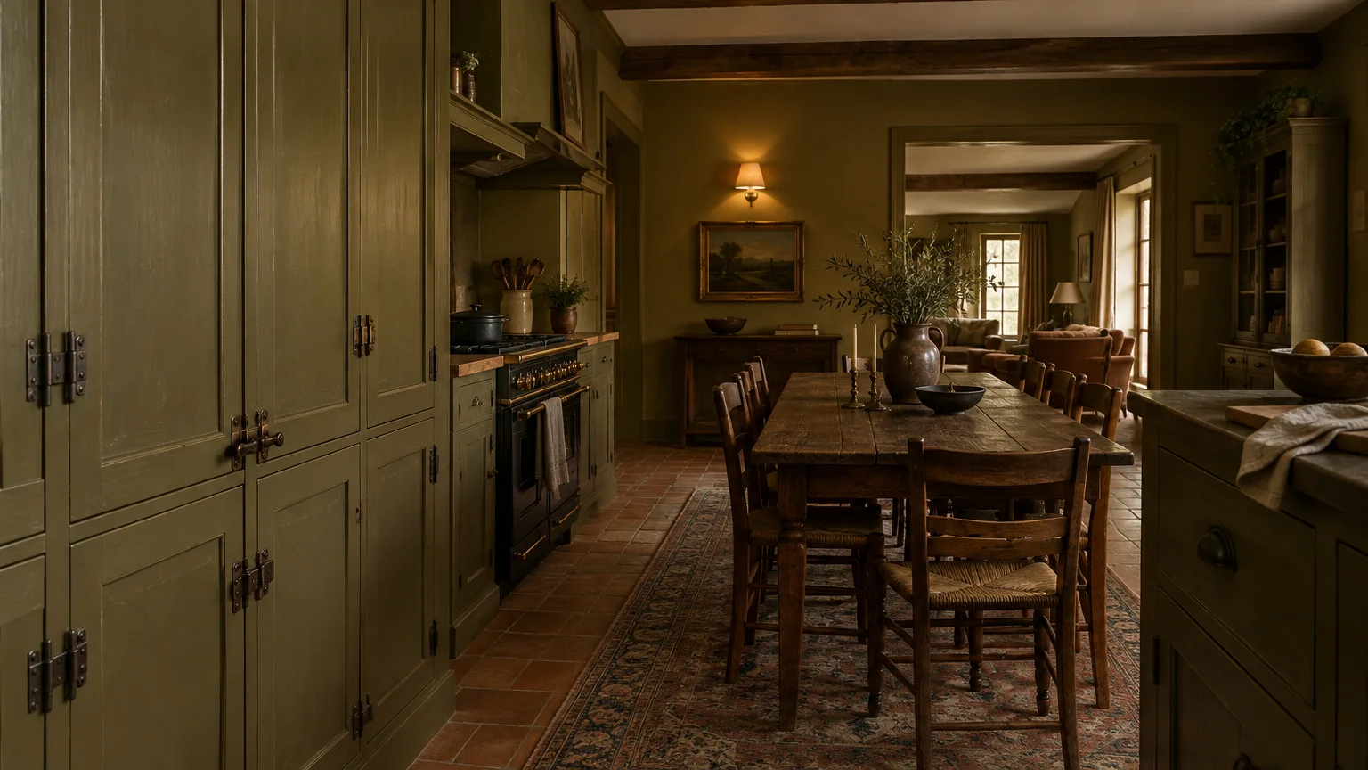 Rustic kitchen with olive green cabinets, terracotta floor tiles, and a long wooden dining table set with chairs.