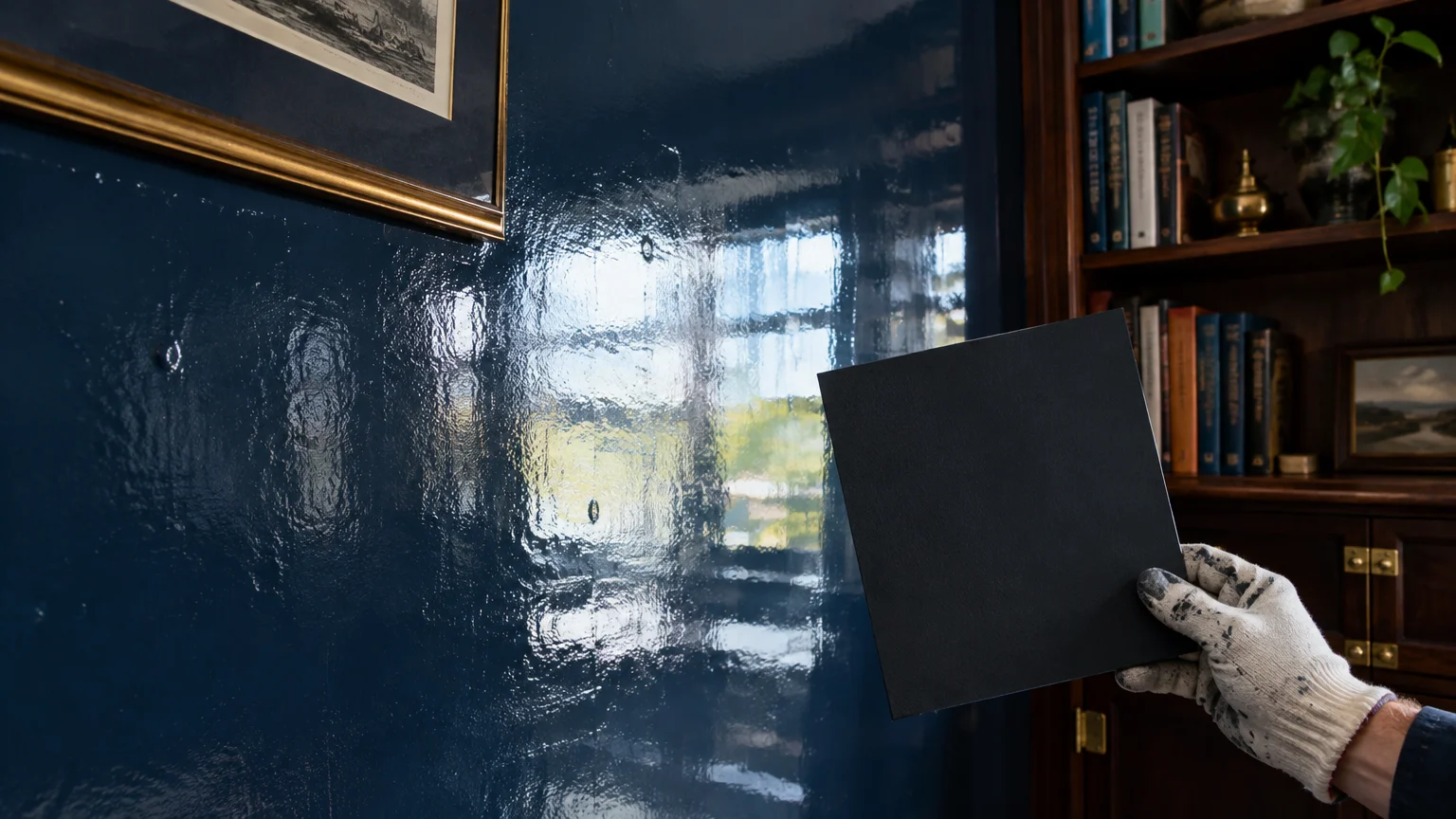 Gloved hand holding a matte dark square swatch against a glossy, reflective dark blue wall beside a bookshelf.