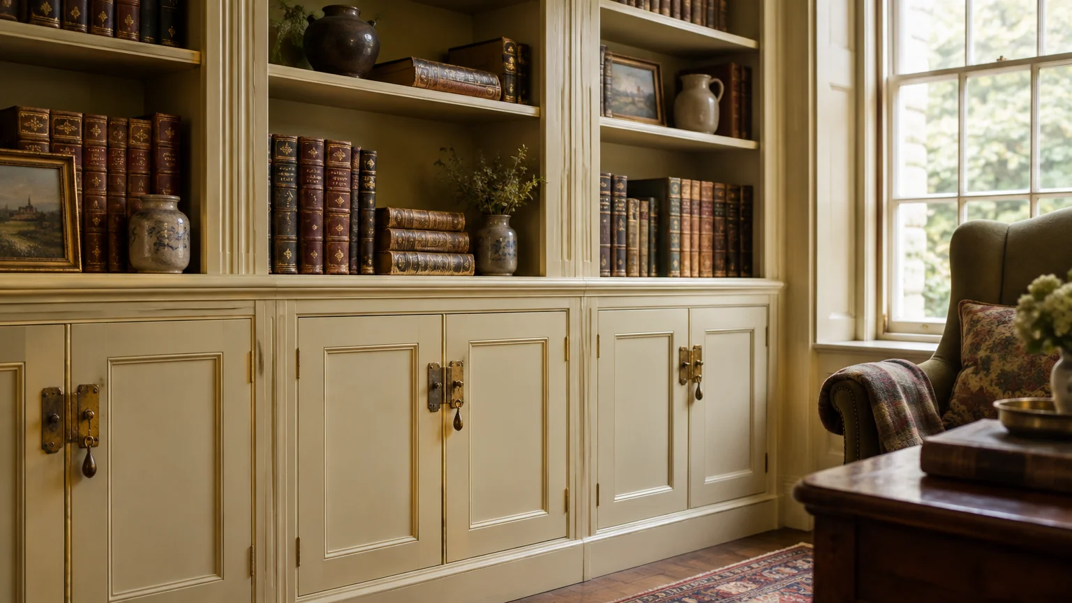 Built-in cream library cabinets with antique brass latch hardware beneath shelves filled with leather-bound books.