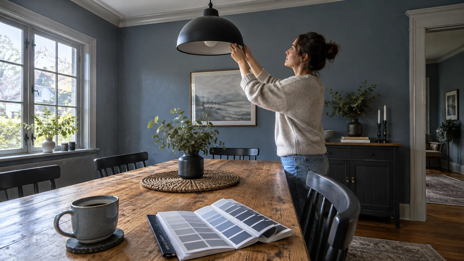 Woman adjusting a black pendant lamp over a rustic dining table with paint swatches in a slate blue dining room.