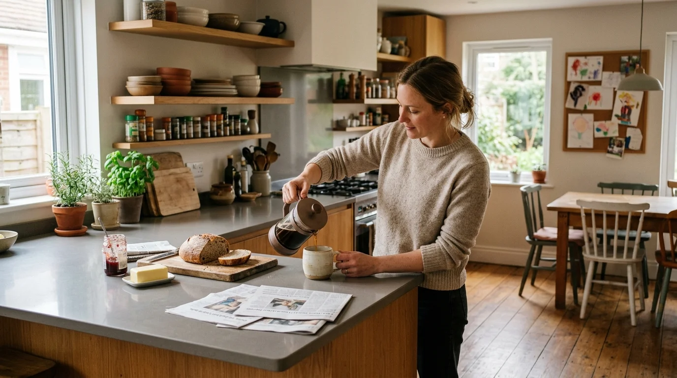 A woman pours coffee from a French press into a mug on a smooth kitchen island with bread and newspapers nearby.