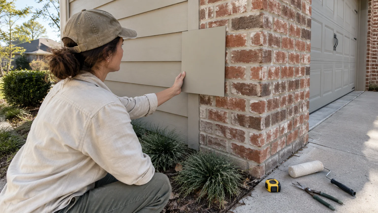 Woman holding a greige color sample board against an exterior brick column and siding beside a driveway.