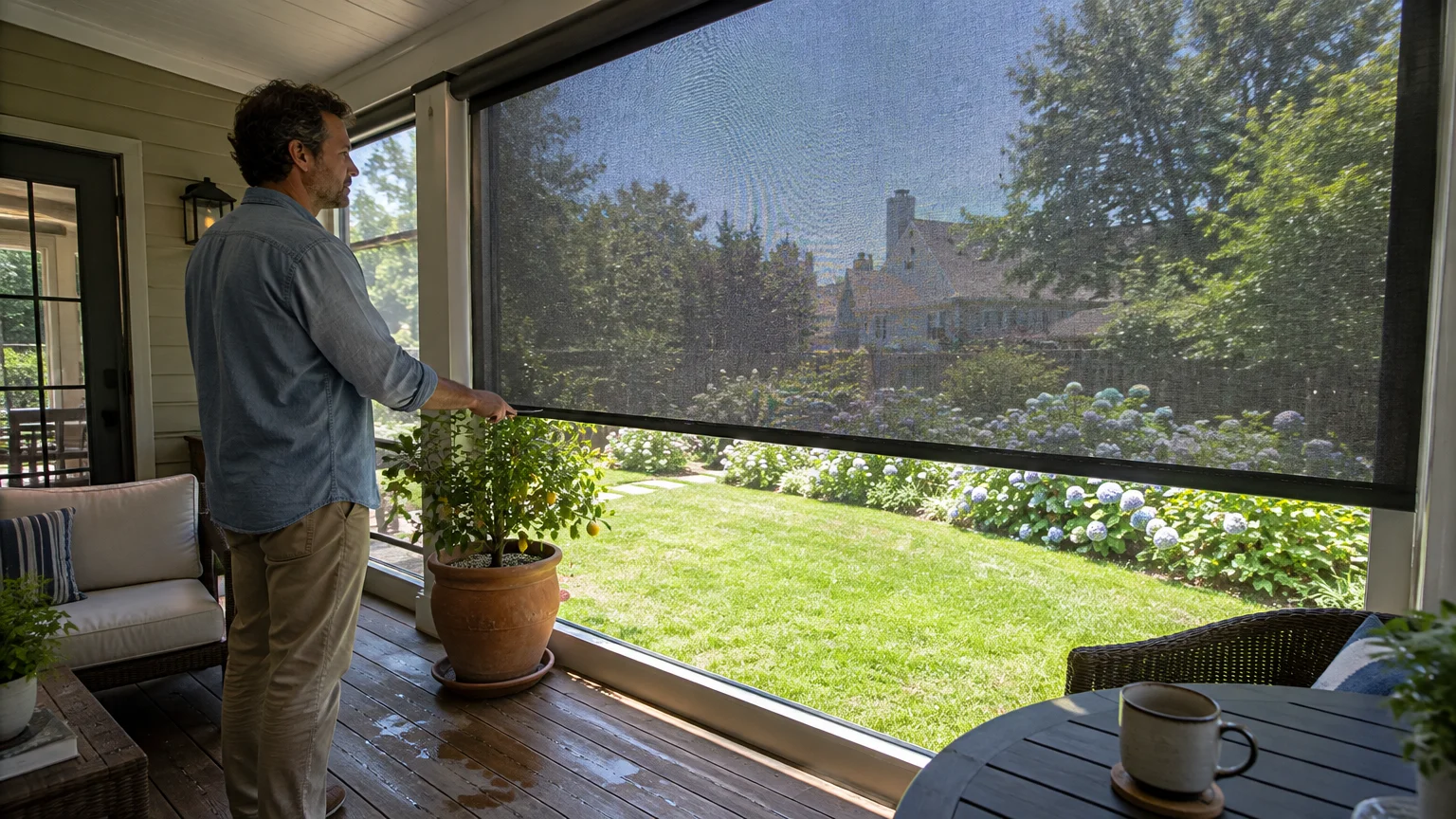 A man lowers a dark exterior roller screen on a covered porch overlooking a sunny green backyard with flowerbeds.