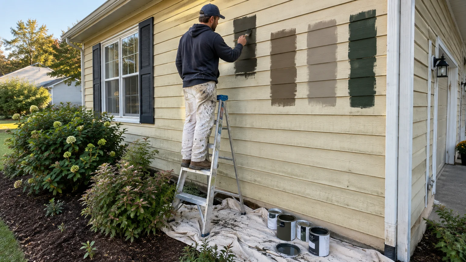 A painter on a stepladder tests dark earth-toned paint swatches against faded yellow house siding.