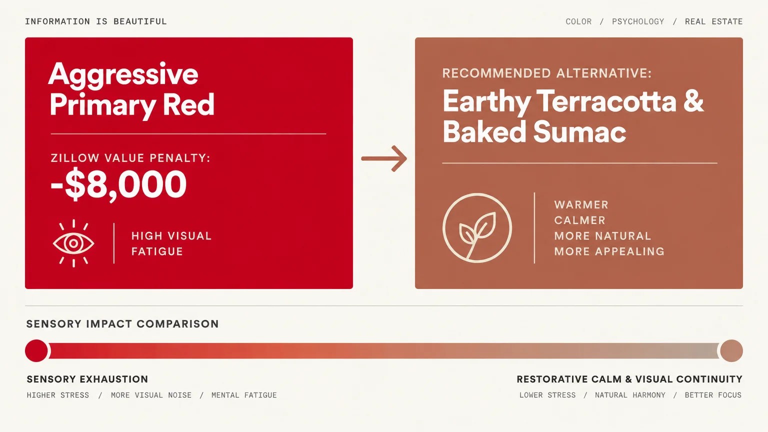 Graphic comparing aggressive primary red with recommended terracotta alternatives alongside a sensory impact scale.