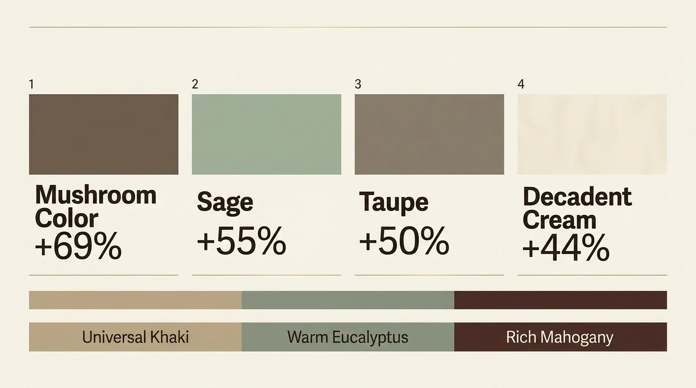 Four color swatches showing search growth for mushroom color (+69%), sage (+55%), taupe (+50%), and decadent cream (+44%).