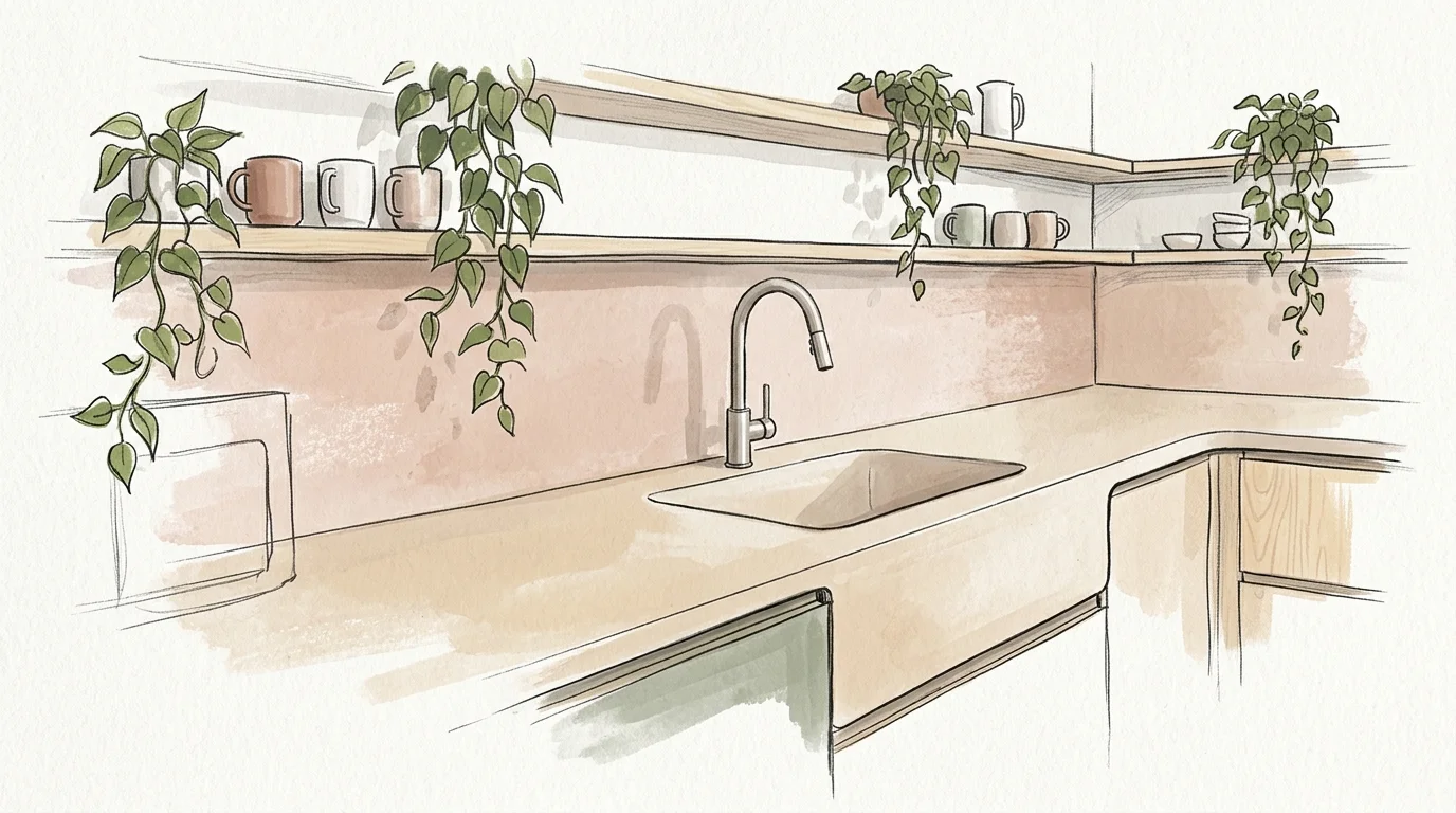 Watercolor sketch of a kitchen countertop with an integrated sink, gooseneck faucet, open shelves, and hanging plants.