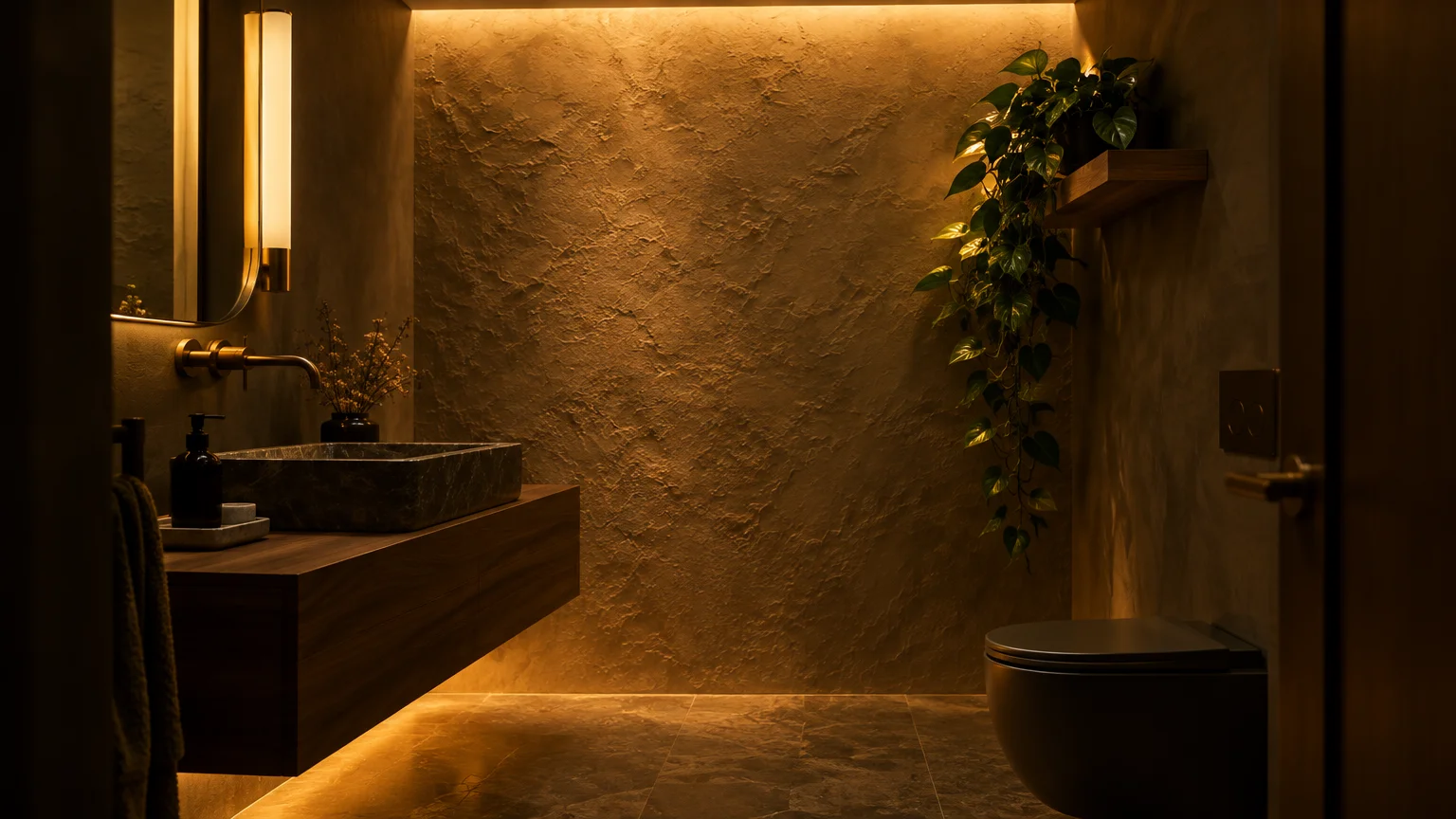 Moody modern bathroom with warm cove lighting, textured plaster wall, floating vanity, wall-mounted toilet, and trailing plant.