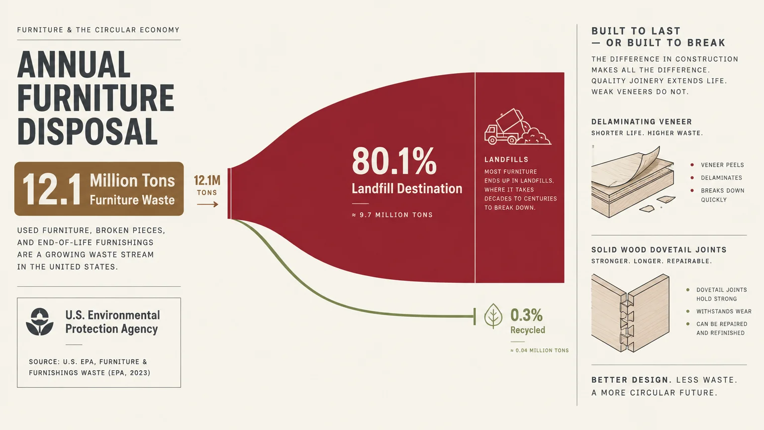 Infographic showing 12.1 million tons of furniture waste, with 80.1% going to landfills and 0.3% recycled.