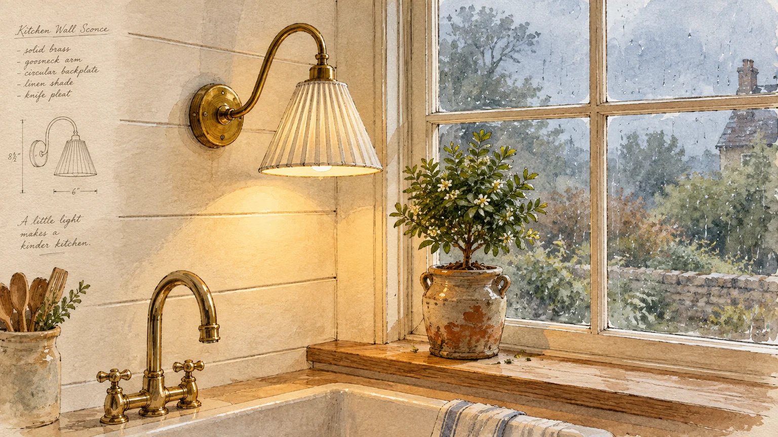Watercolor illustration of a brass gooseneck wall sconce with a pleated linen shade over a sink beside a window.