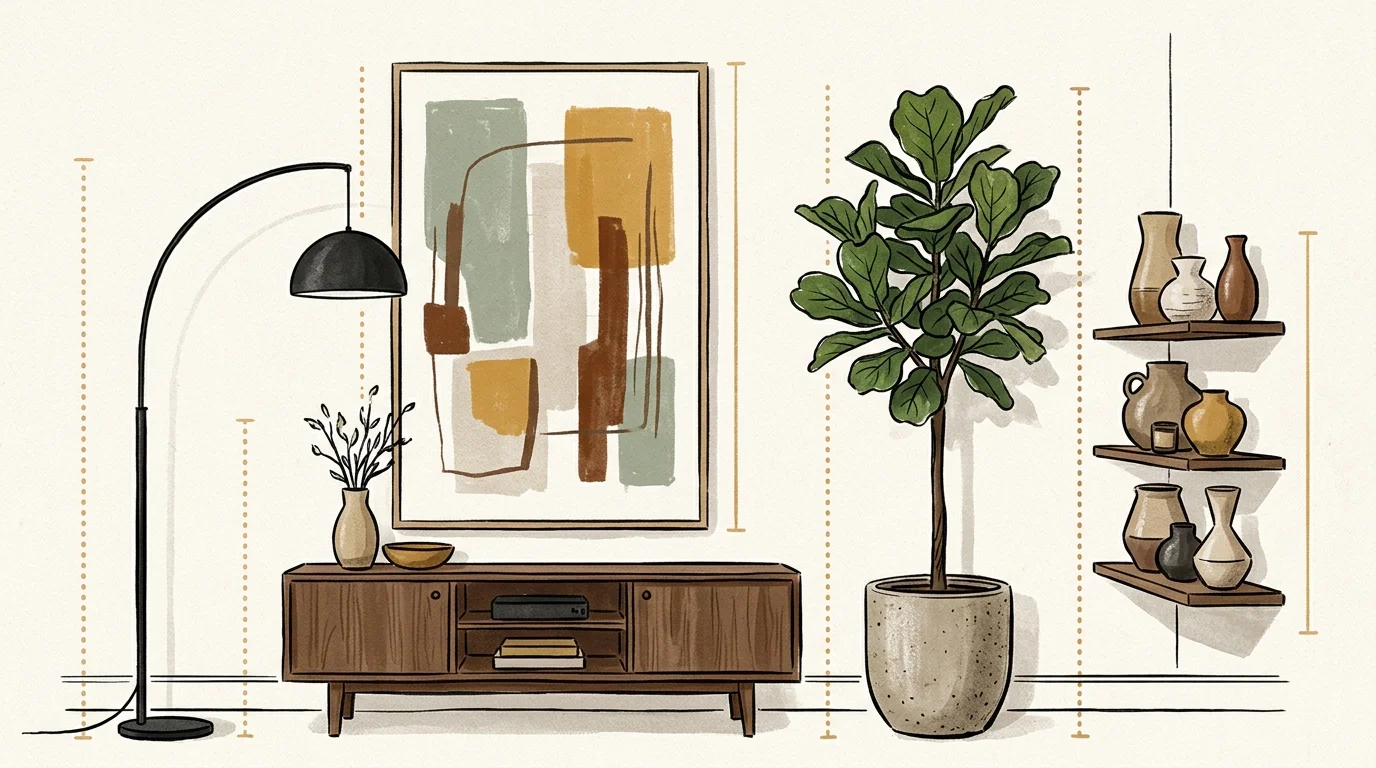 Illustration of a living room wall with furniture, art, a tall plant, and dotted height measurement lines.