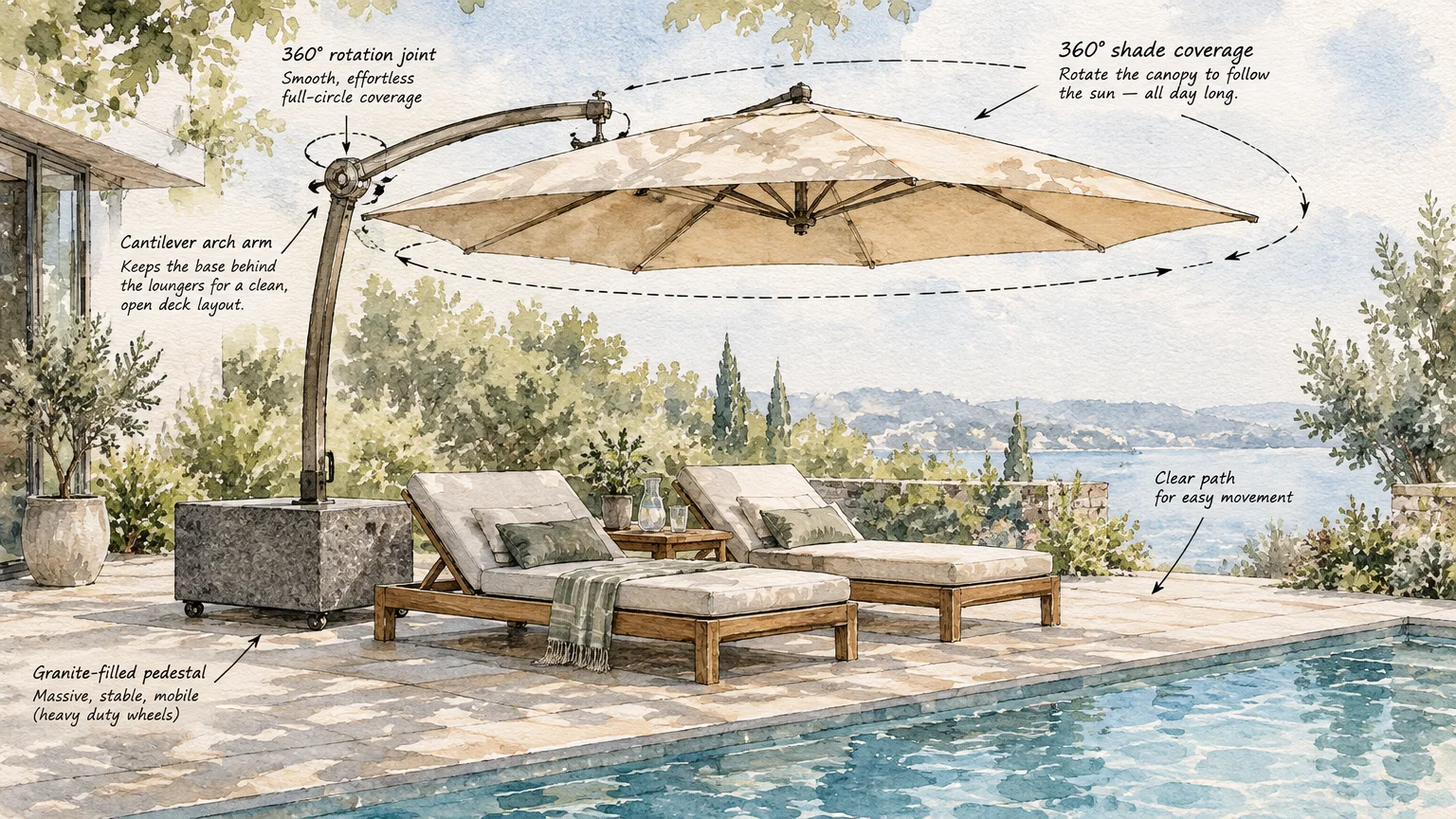 Watercolor diagram of a cantilever umbrella over poolside loungers with callouts highlighting its arch arm and base.
