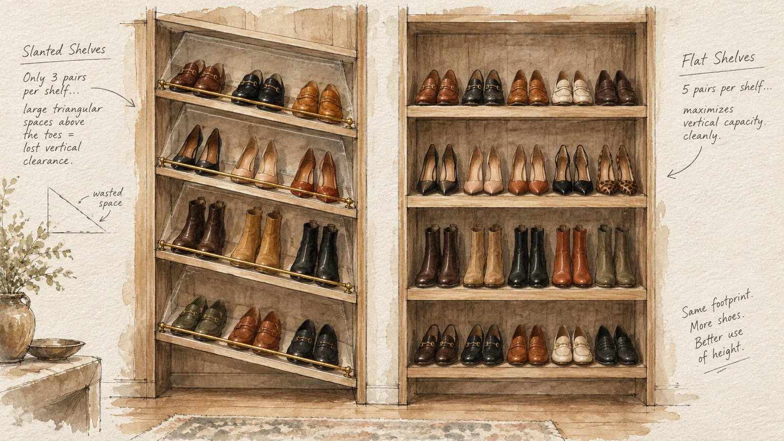Side-by-side illustration comparing slanted shoe shelves with brass rails holding 3 pairs to flat shelves holding 5 pairs.