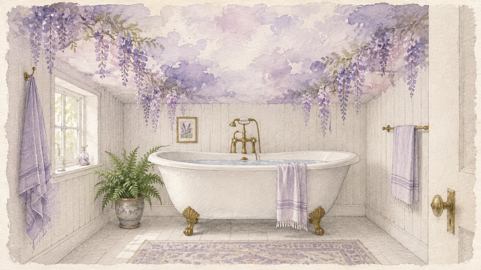 Watercolor illustration of a clawfoot bathtub in a bathroom with purple wisteria painted across the ceiling.