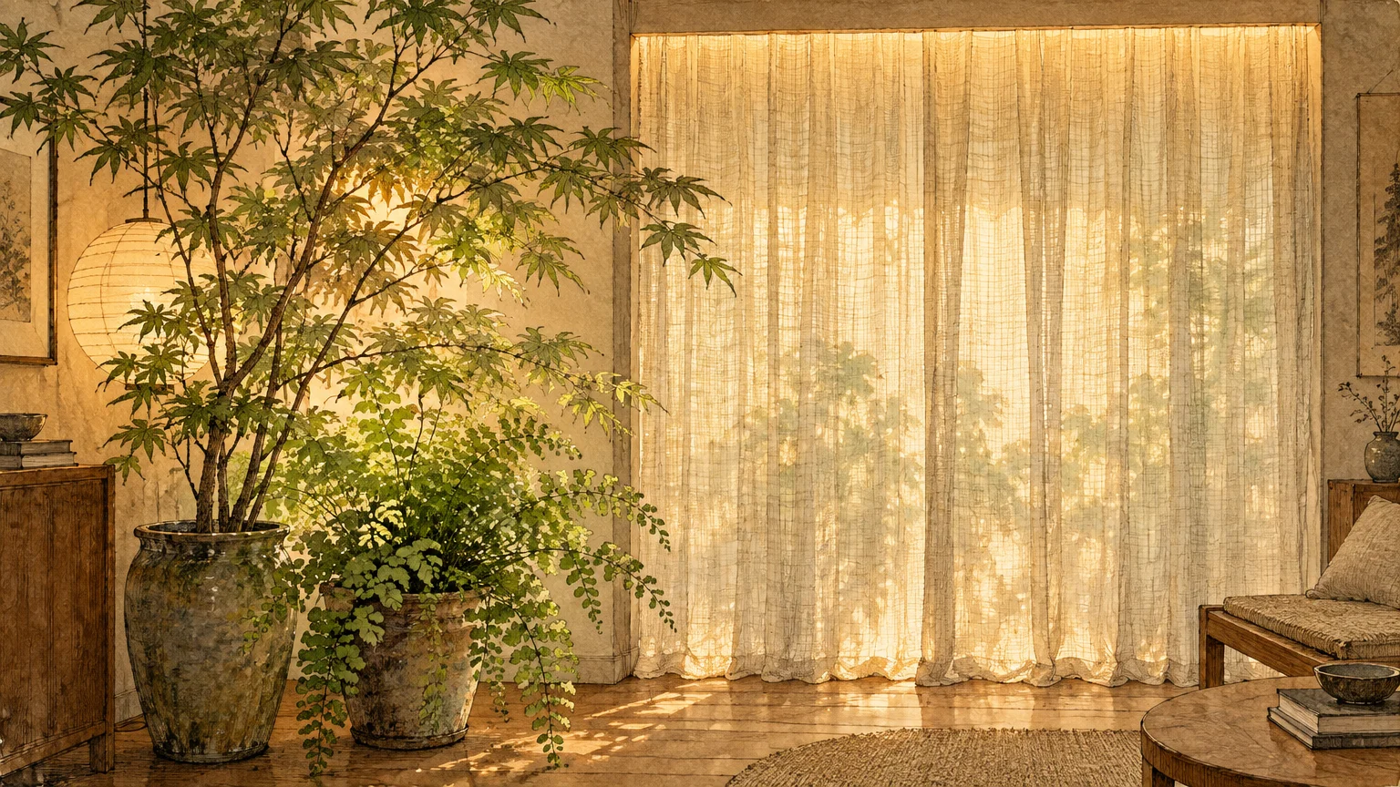 Illustration of potted indoor plants beside floor-length sheer curtains illuminated by warm, glowing light.