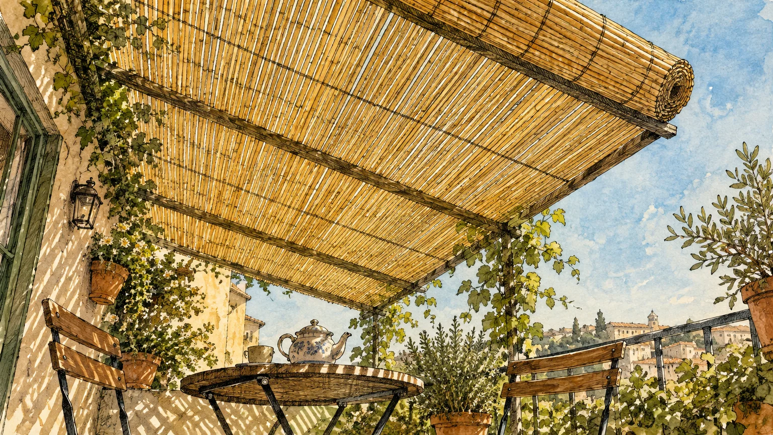 Watercolor illustration of a sunny terrace shaded by a rolled bamboo slat canopy, with a patio table and potted plants.