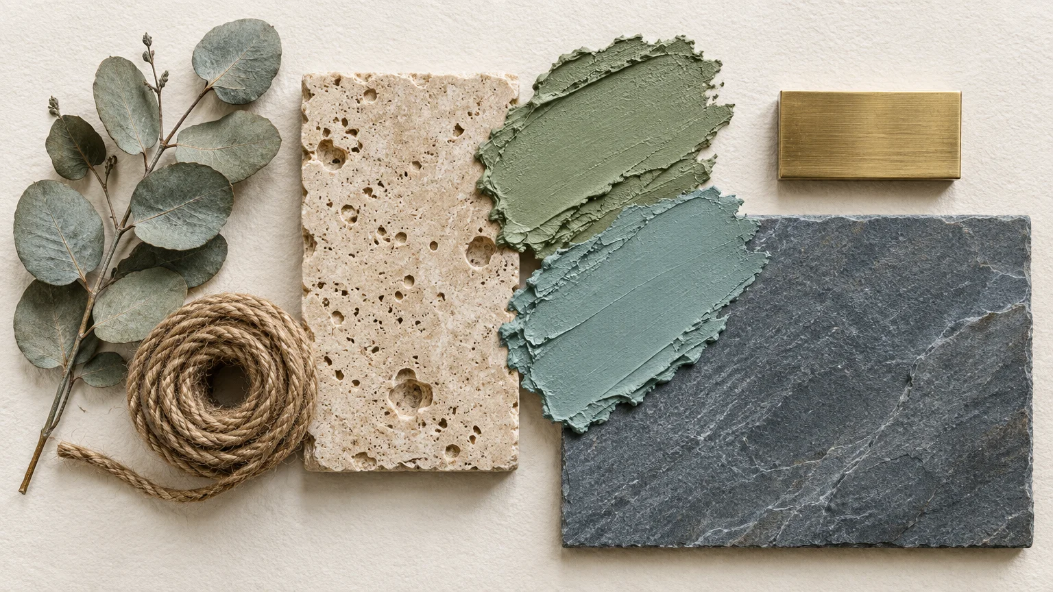 Mood board with eucalyptus leaves, coiled rope, porous travertine tile, green paint swatches, brass hardware, and slate.