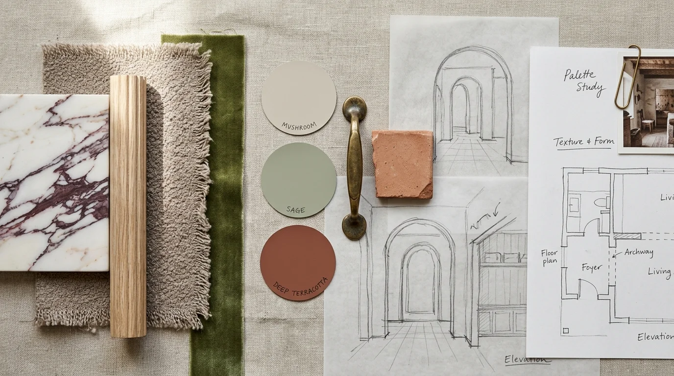Mood board flat lay with marble, wood, fabric swatches, color chips, an antique brass handle, and architectural sketches.