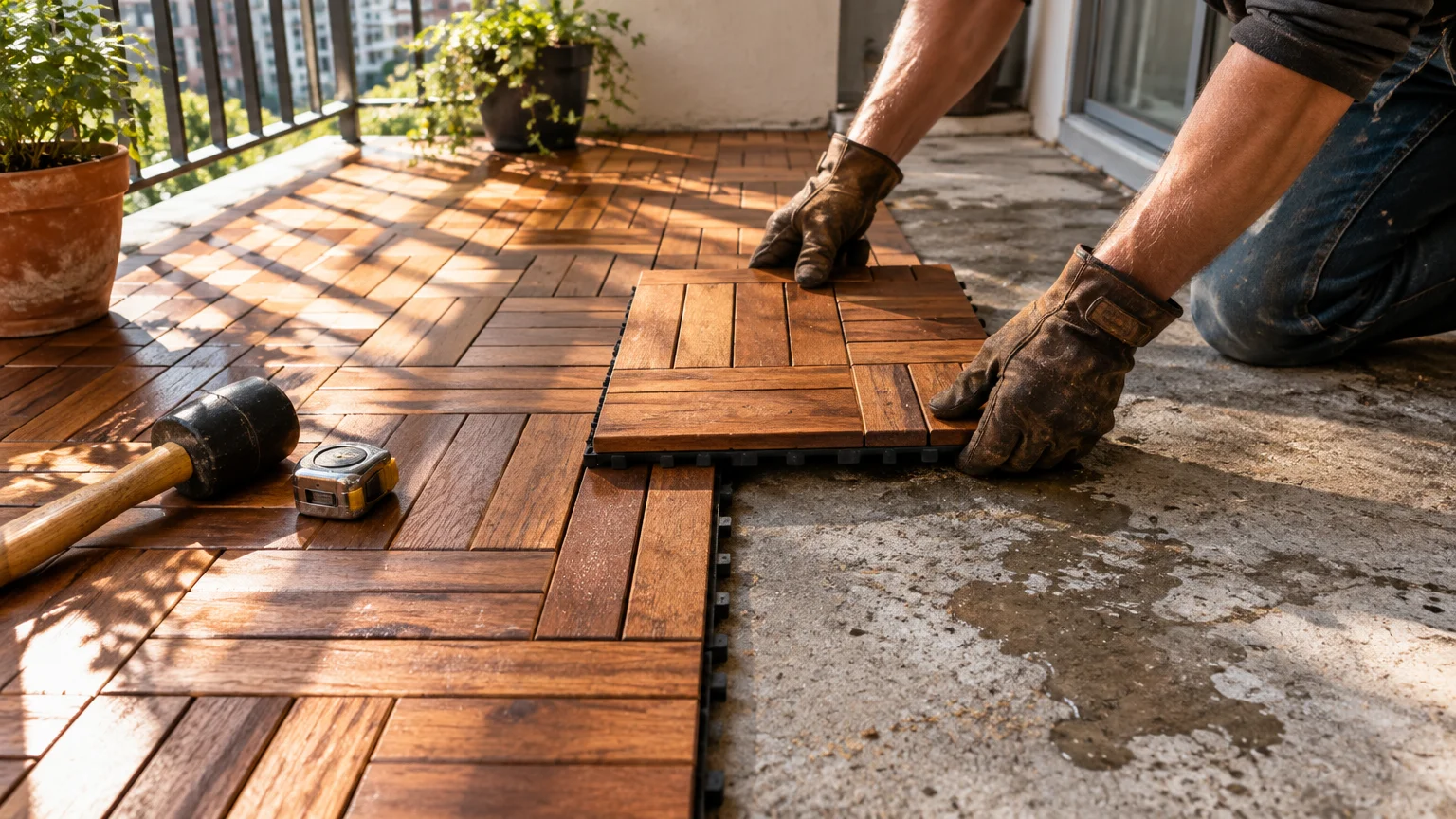 Person in work gloves installing interlocking wood deck tiles over a concrete apartment balcony floor.