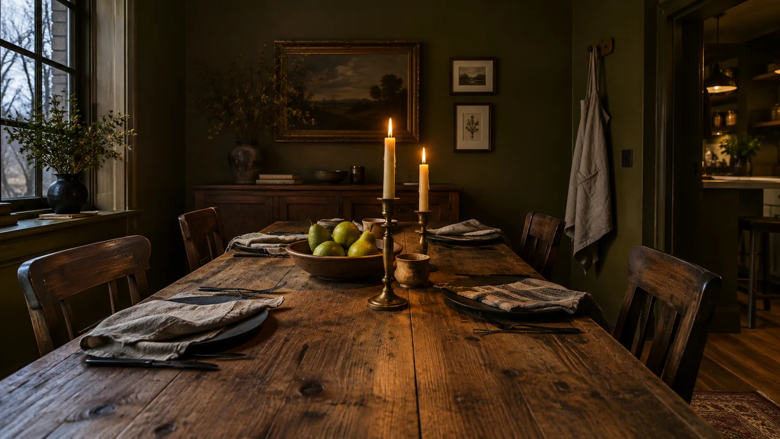 Long rustic wooden dining table set with candles and pears against olive green walls in a dimly lit dining room.