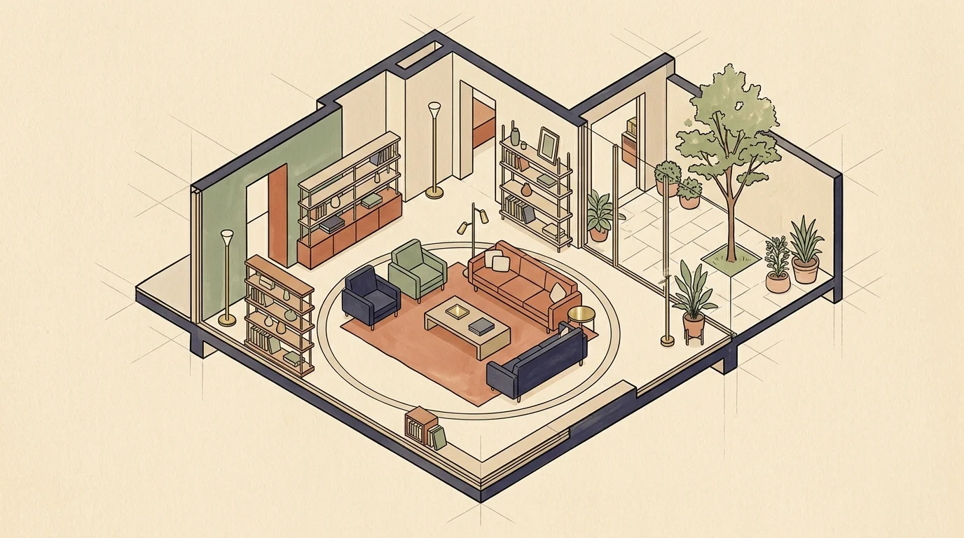 Isometric architectural illustration of a living room layout with seating around a rug adjacent to a glass-walled courtyard.