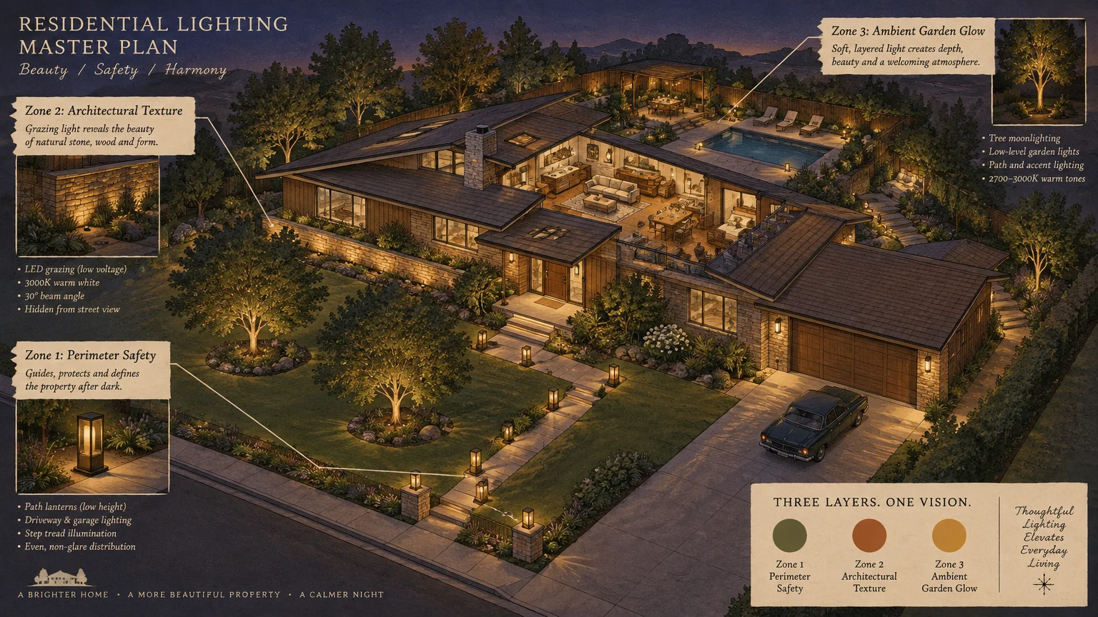 Cutaway illustration of an illuminated house and yard showcasing perimeter, architectural, and ambient garden lighting zones.