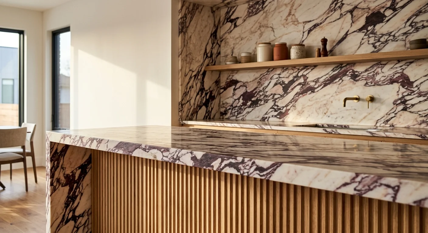 Kitchen island with a fluted wood base and purple-veined marble countertop beside a matching stone backsplash and shelf.