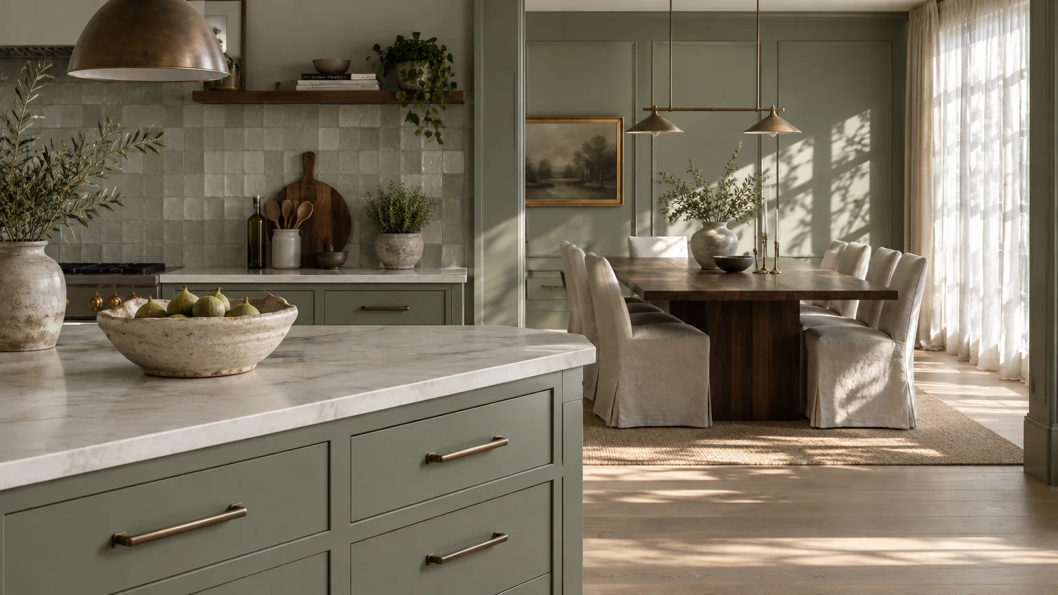Sage green kitchen island with marble counter looking into an adjacent dining room with walnut table and slipcovered chairs.