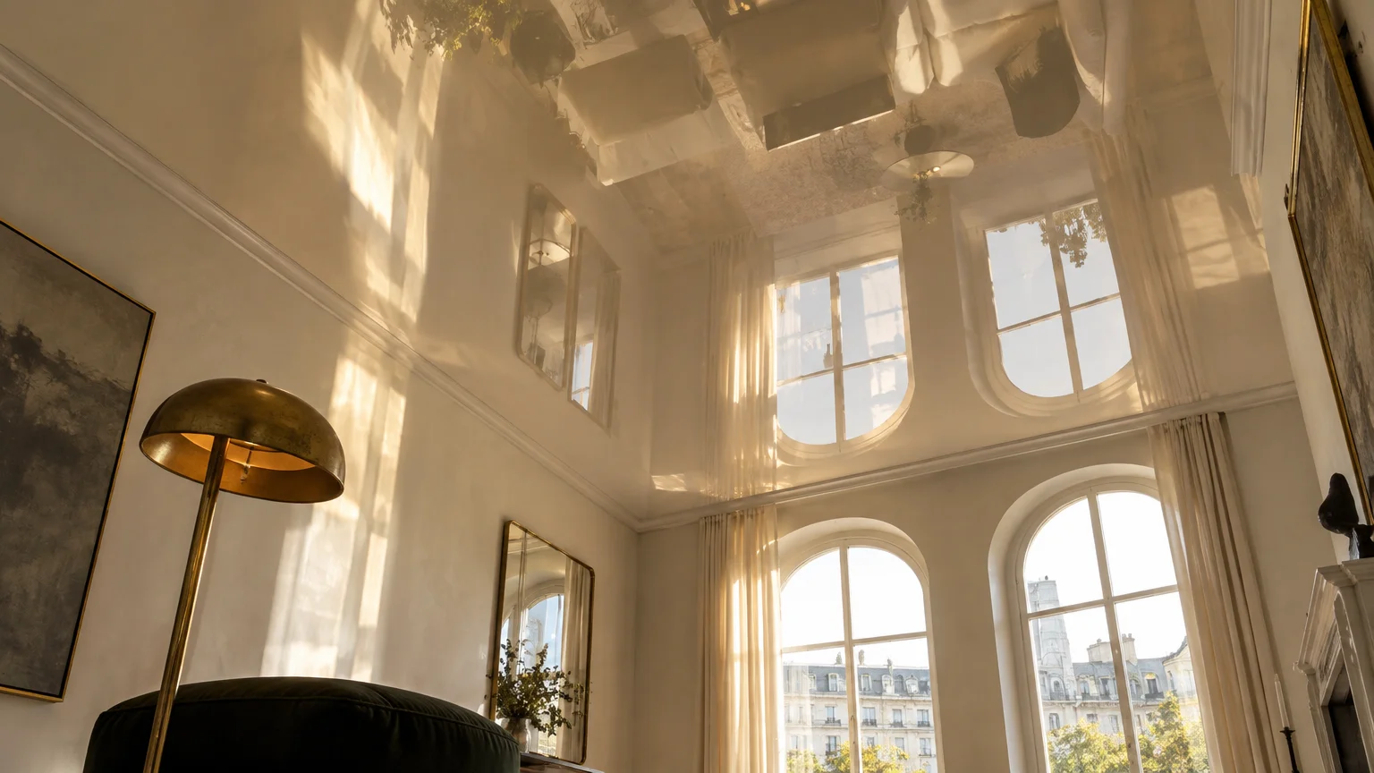 Bright living room with arched windows and a glossy, reflective ivory ceiling mirroring the interior and light.