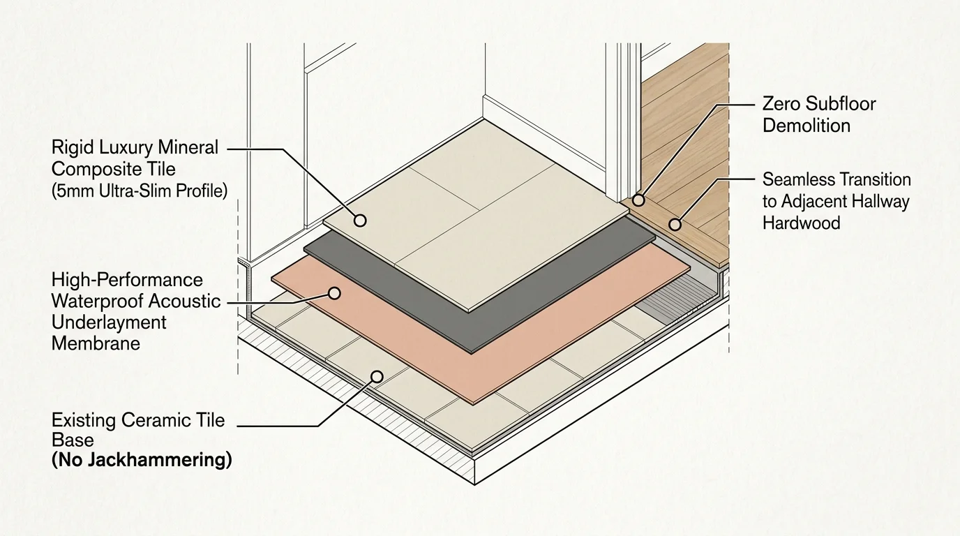 Cutaway diagram showing luxury mineral composite tile and underlayment layered over an existing ceramic tile floor.