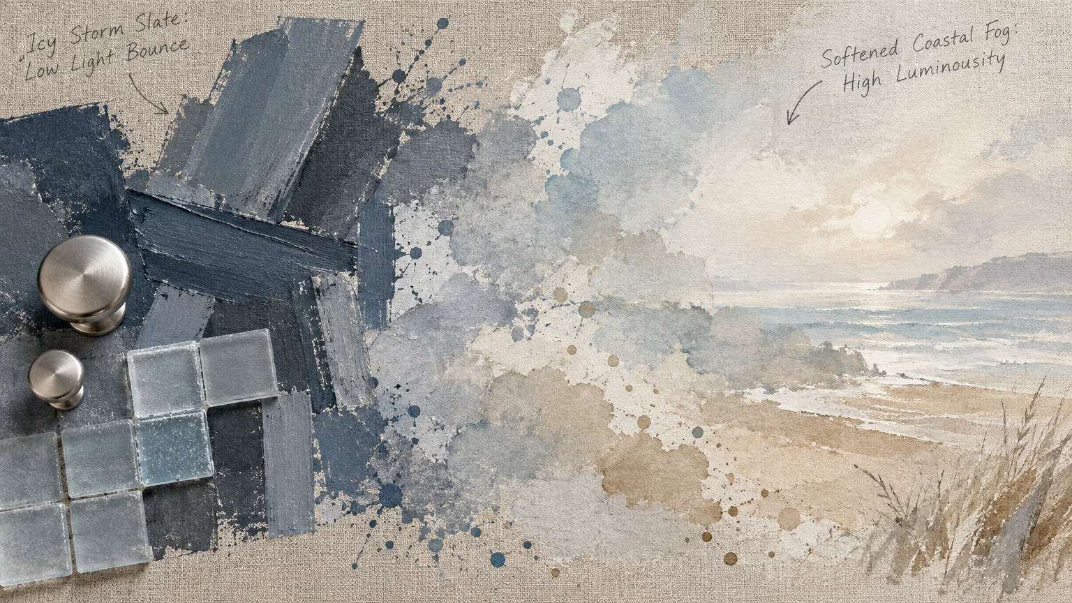 Mixed media collage showing dark slate blue paint swatches and tiles transitioning into a soft watercolor beach landscape.